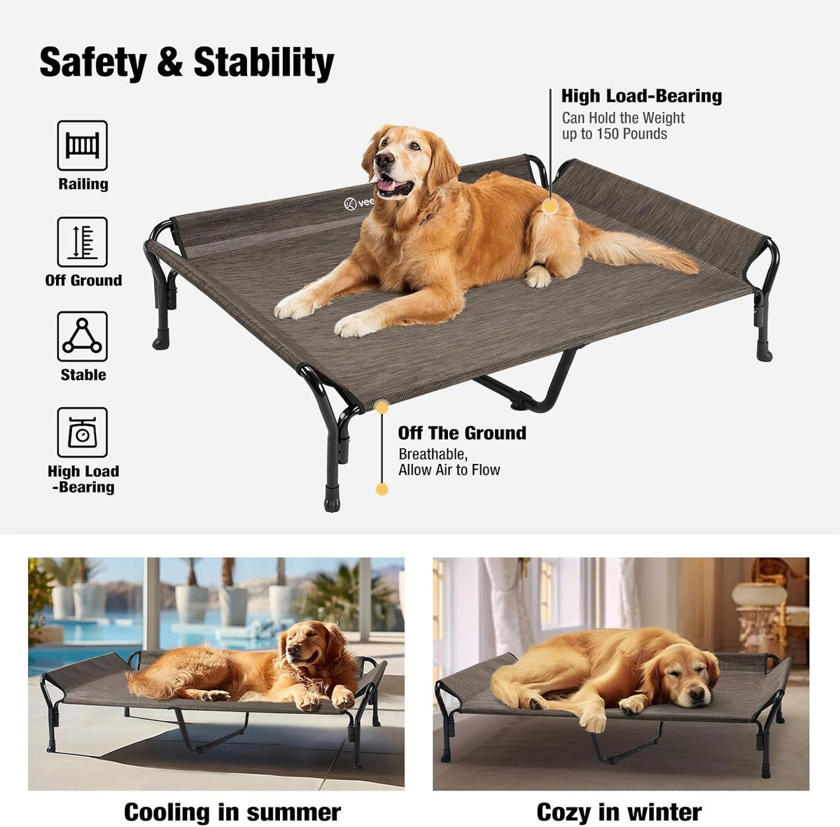 Veehoo Cooling Elevated Dog Bed, XL Raised Pet Cot with Guardrail & Slope Headrest, Durable