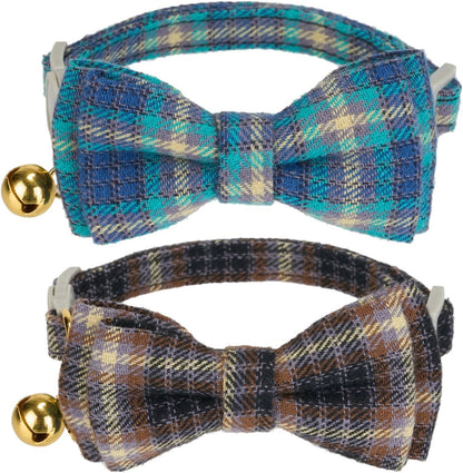 2 Pack Soft Cotton Cat Collars with Bowtie and Bell Breakaway Plaid Cat Kitten Collar(Ocean Blue
