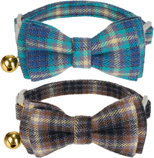 2 Pack Soft Cotton Cat Collars with Bowtie and Bell Breakaway Plaid Cat Kitten Collar(Ocean Blue