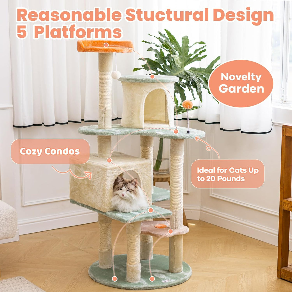 HYABi 53 Inch Flower Cat Tree - Multi-Level Cat Condo with Scratch Posts & Toys, Fresh Design