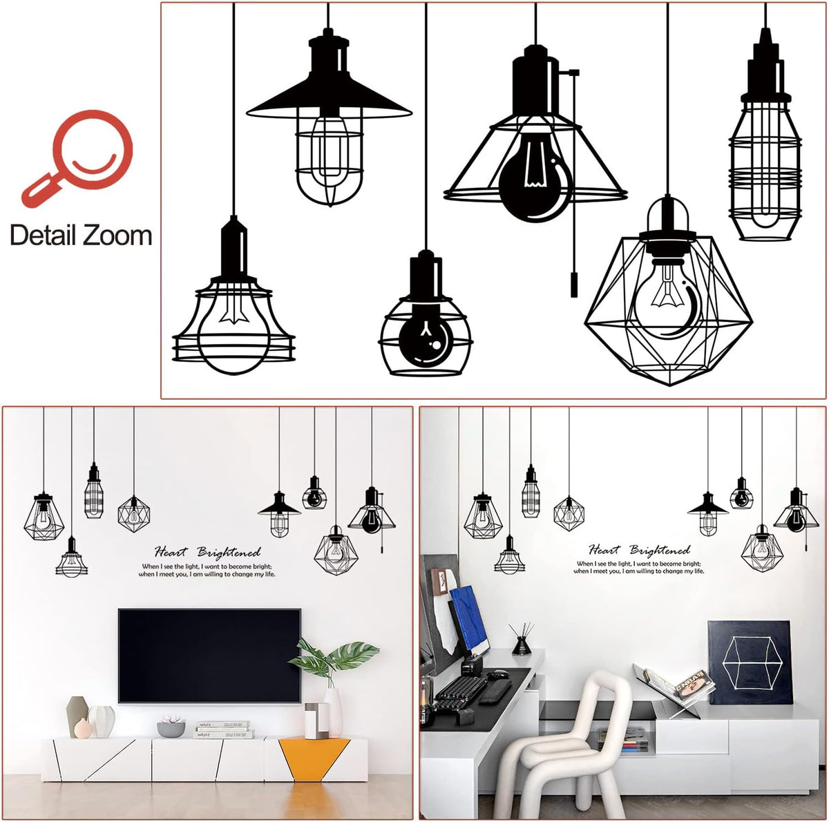 Removable 8pcs Hanging Black Vinyl Chandeliers Wall Sticker Quotes Heart Brightened Wall Decal DIY