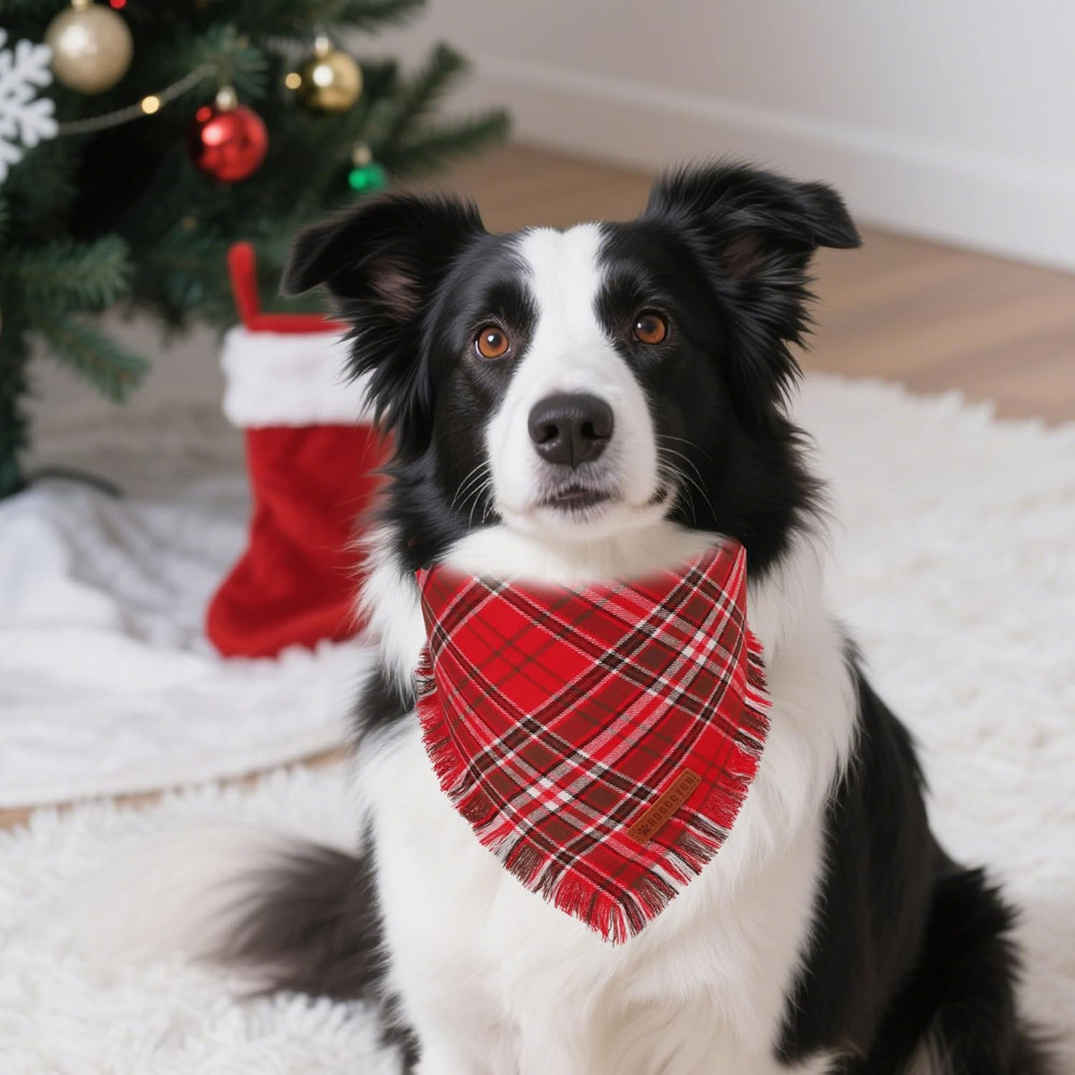 ADOGGYGO Christmas Dog Bandanas with Tassels Edges, Stylish Red Plaid Xmas Scarf, Multiple Sizes