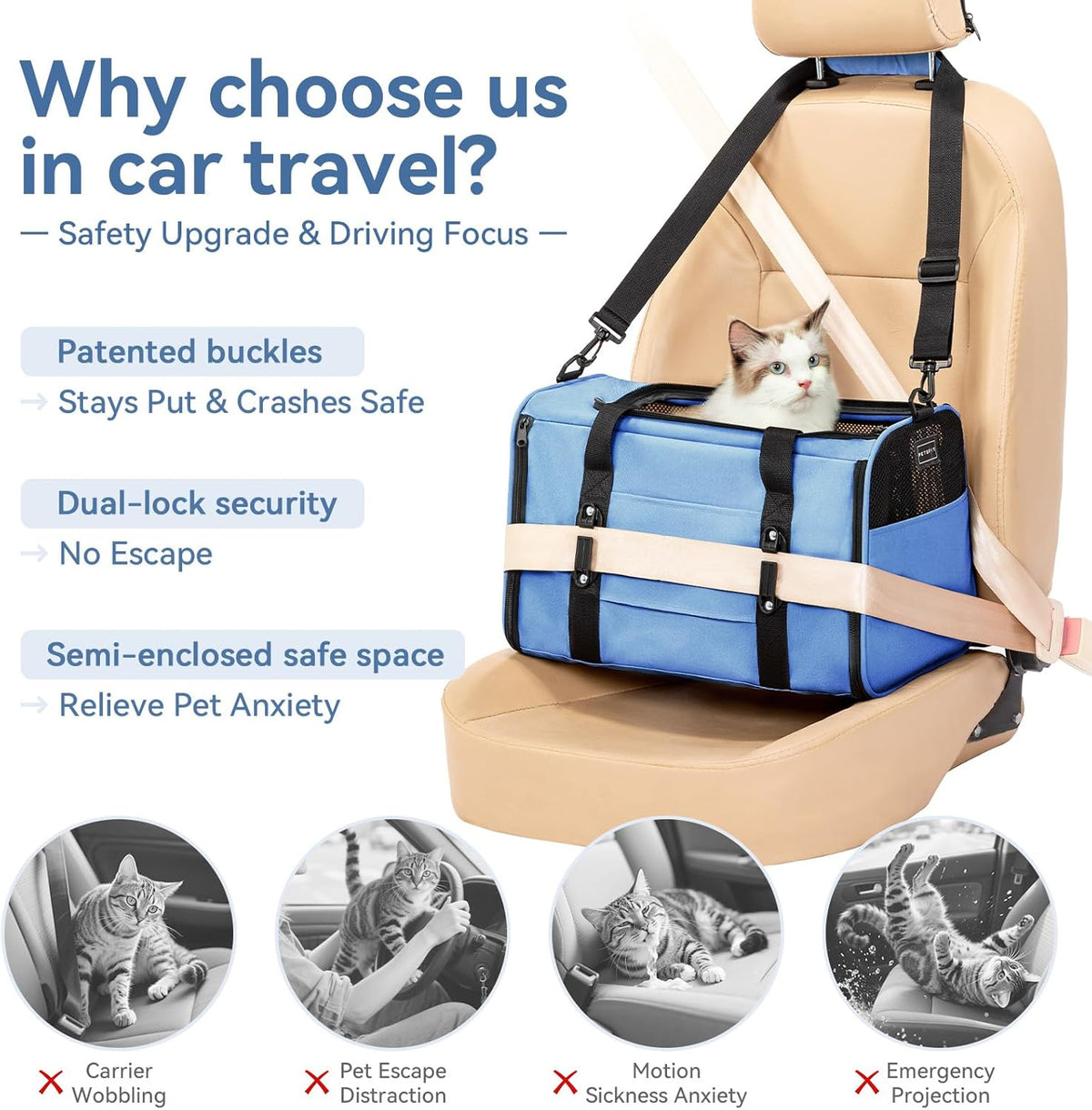 PETSFIT Soft-Sided Cat Carriers & Car Seats with Patent Safe Buckles, Clip-On Harness，18"x11"x11"