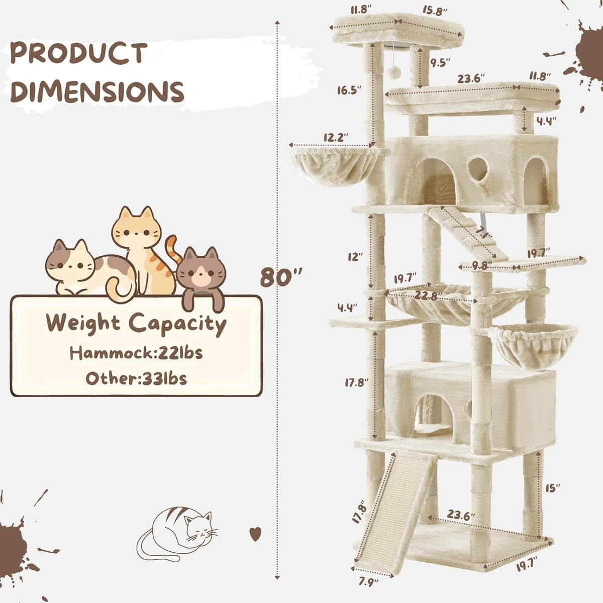 Cat Tree, 80-Inch Large Cat Tower with 9 Scratching Posts, 2 Perches, 2 Caves, 2 Basket, 2 Stairs