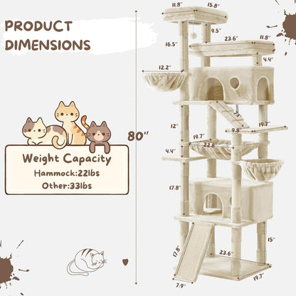 Cat Tree, 80-Inch Large Cat Tower with 9 Scratching Posts, 2 Perches, 2 Caves, 2 Basket, 2 Stairs
