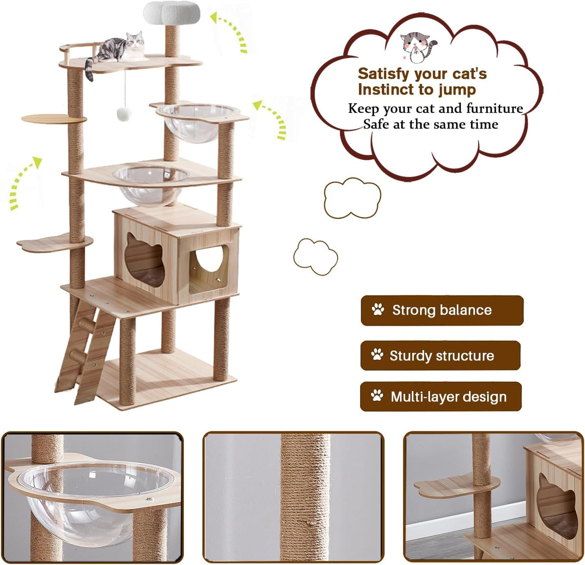 67-Inch Cat Tree for Indoor Cats Large Adult,Cat Tree Tower with Condo, Cat Stairs, 2 Bowl,14 Sisal