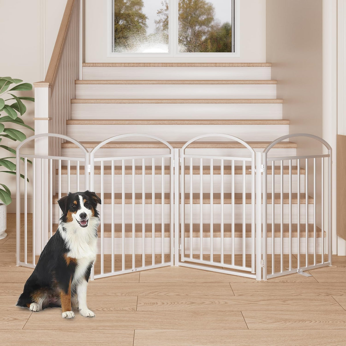 4 Panles Full Matel Freestanding Dog Gates with Door, 96"Extra Wide 32"Tall Free Standing Dog Pet
