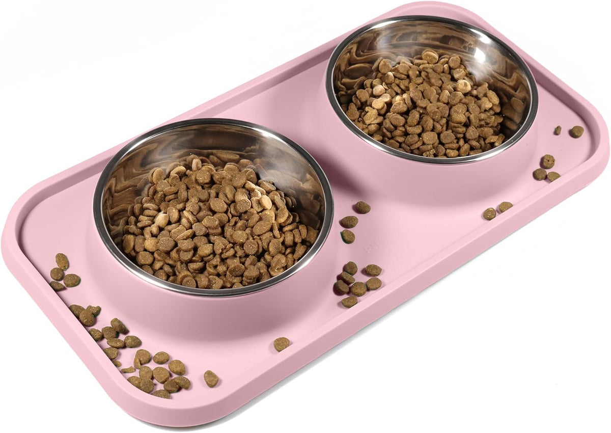 Cat Food Bowls, Cat Bowls Non-Skid and Non-Spill Silicone Pads with PP Stand, Removable Stainless