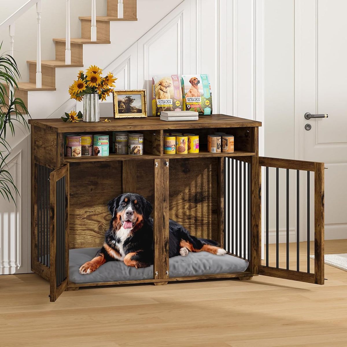Furniture Dog Crate for 2 Dogs, 41 Inch Dog Kennel Furniture with Removable Divider and Shelf