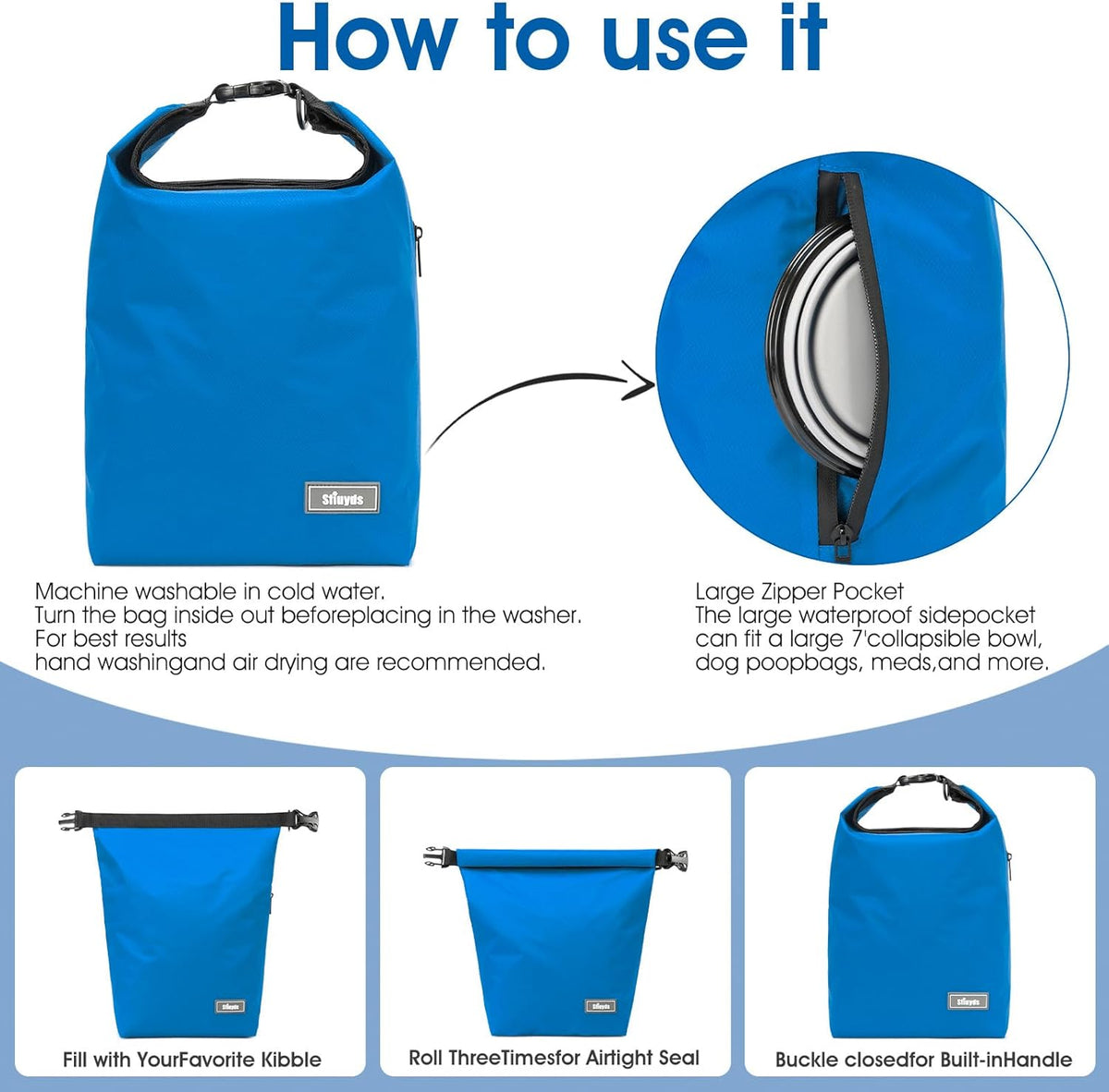 Pet Food Storage Bag,Dog Storage Organizer Bag w/2PCS Collapsible Dog Travel Bowls and Zipper