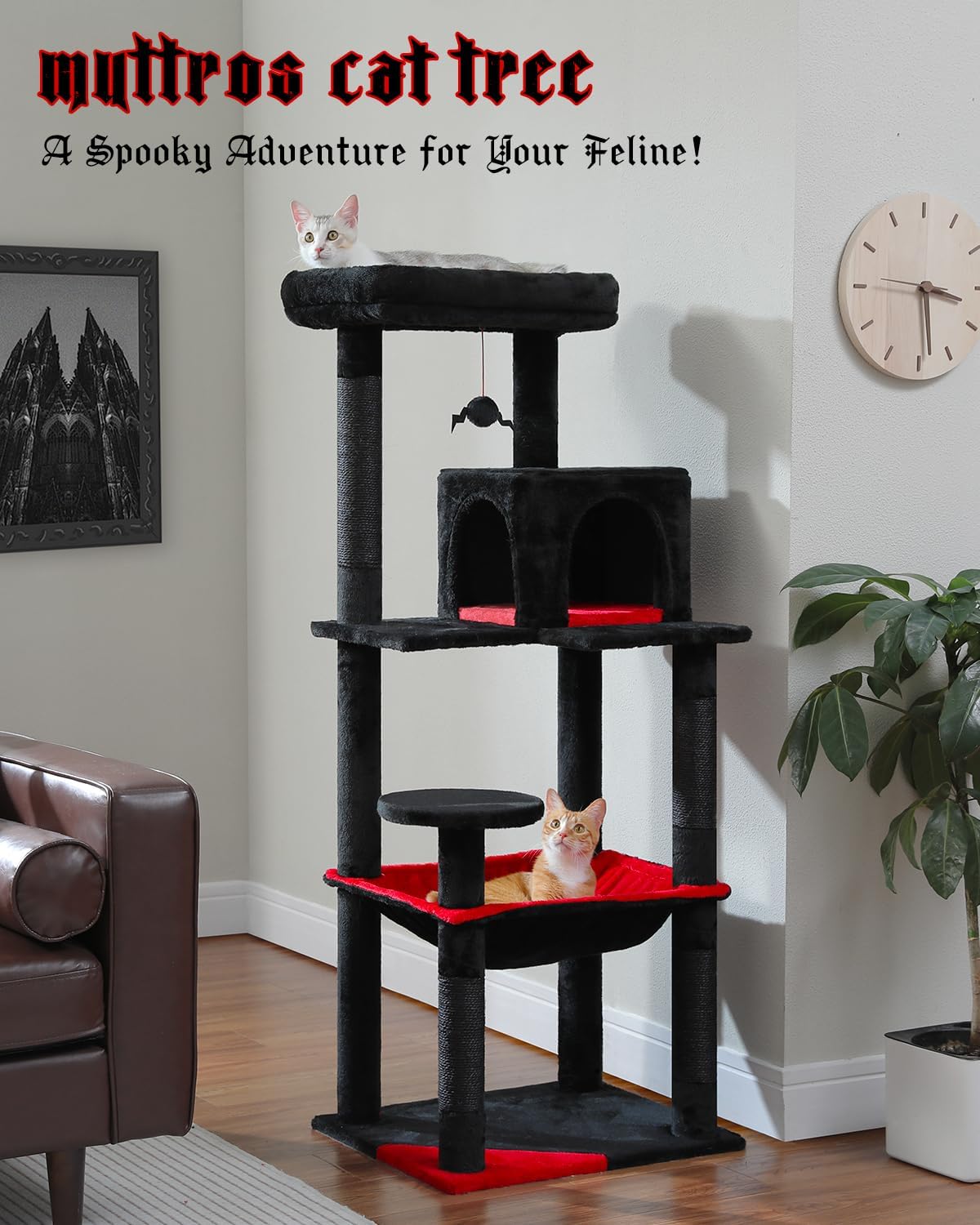 Gothic Cat Tree with Super Large Hammock, 56.3" Black Cat Tower with Coffin Bed, Cat Condo, Sisal