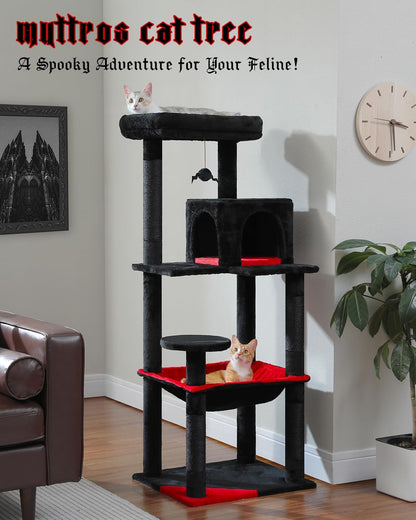 Gothic Cat Tree with Super Large Hammock, 56.3" Black Cat Tower with Coffin Bed, Cat Condo, Sisal