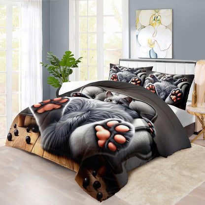 Cute Cat Comforter Set Full,Grey Kawaii Cat Bedding Set Adult,Cute Animal Comforter for