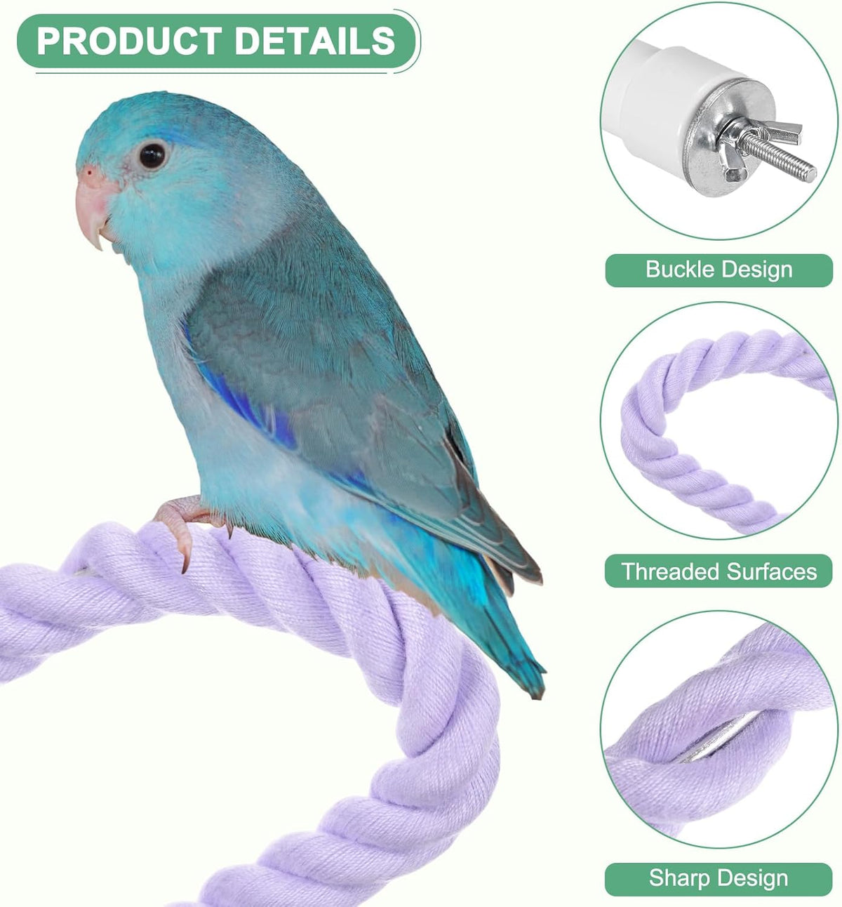 2-Pack Rope Perches for Bird Cages, 31.5 in Length Comfort Grip Flexible Rope Perch Beak & Paw