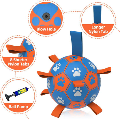QDAN Dog Ropes Toys Soccer Ball with Straps, Puppy Birthday Gifts, Tug Toy, Durable Dog Balls for