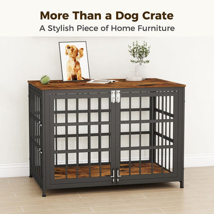 38 Inch Heavy Duty Wooden Dog Kennel End Table with Double Door Design and Secure Locks, Indoor Pet