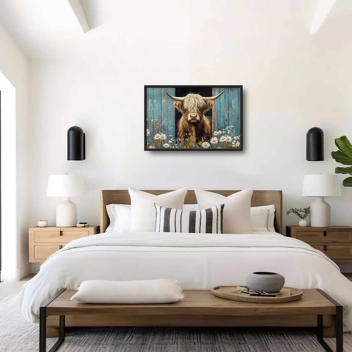 Large Farmhouse Highland Cow Country Wall Art for Living Room, Floral Canvas Oversized Wall Decor