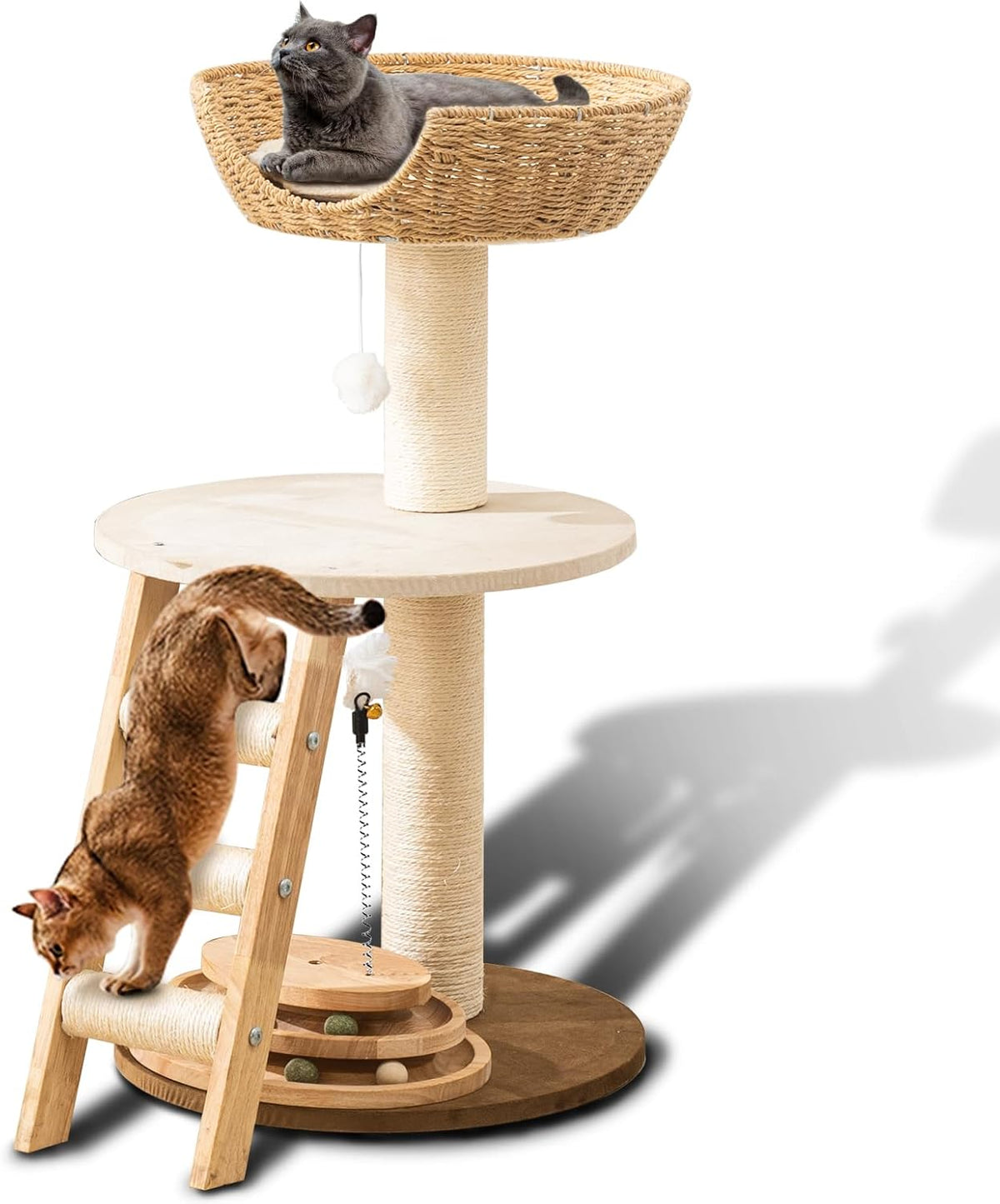 Natural Wood Modern Cat Tree with Top Cats Bed, Unique Cute Cats Furniture Activity Centre with