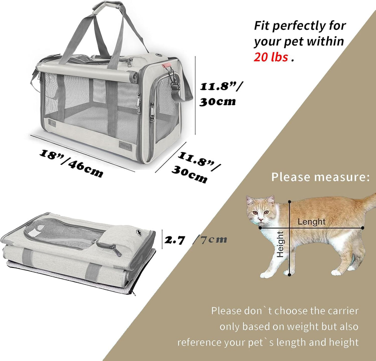 Pet Carrier for Large Cat Soft-Sided Animal Traveling Bag for Medium Cat up to 20lbs / Washable