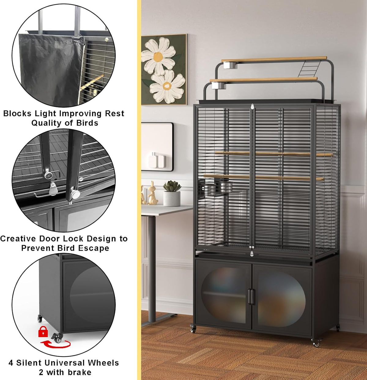 GDLF 72-Inch Bird Cage with Play Top, Parakeet Cage with Rolling Storage Cabinet Extra Large with