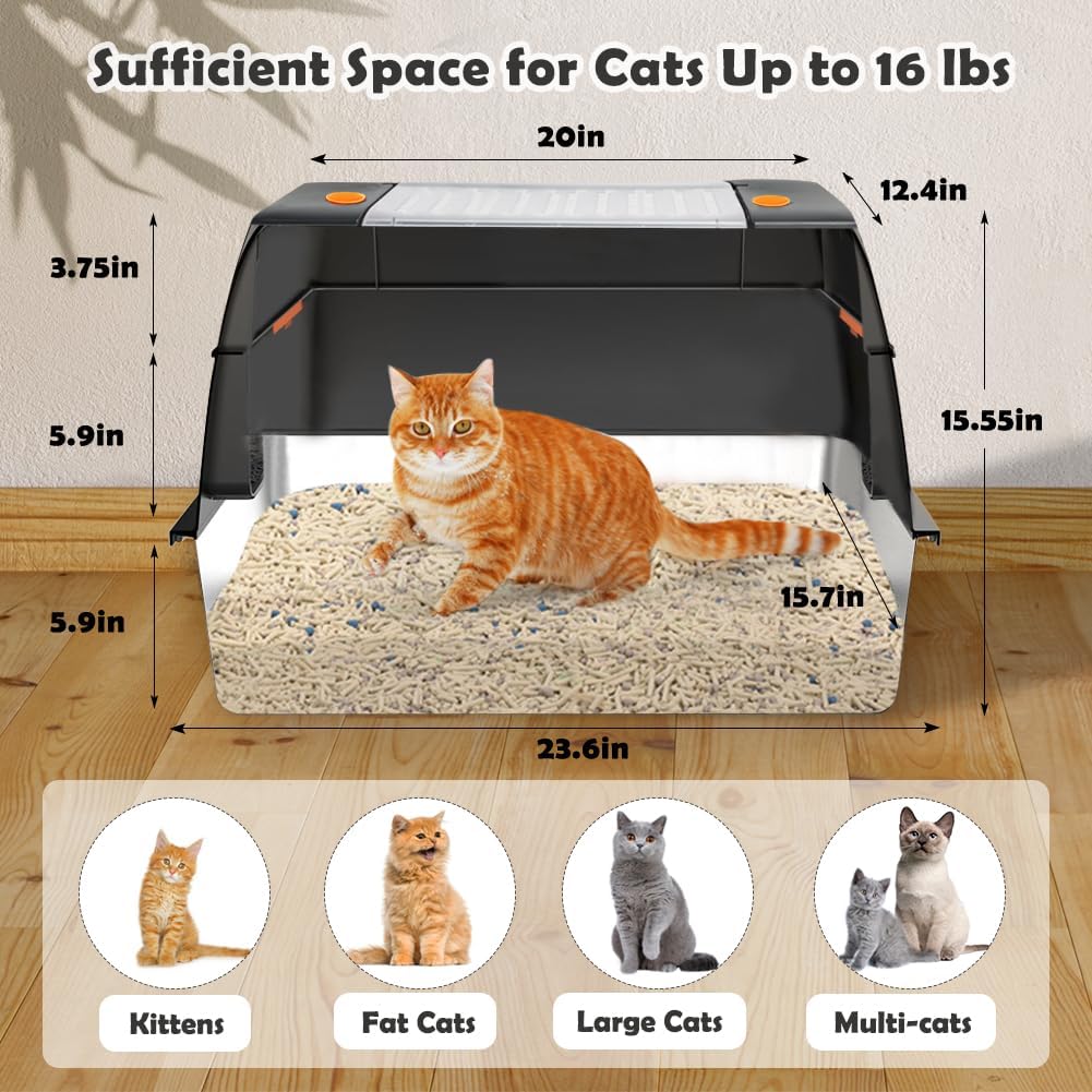 Vivifying Stainless Steel Litter Box, XL Side Entry Extra Large Litter Box with Lid for Big Cats &