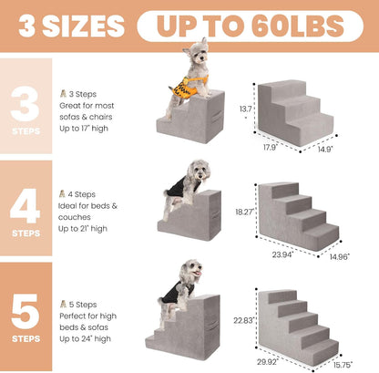 MEWANG Dog Stairs for Small & Medium Dogs and Old Cats –3/4/ 5 Steps High-Density Foam Pet Ramp for
