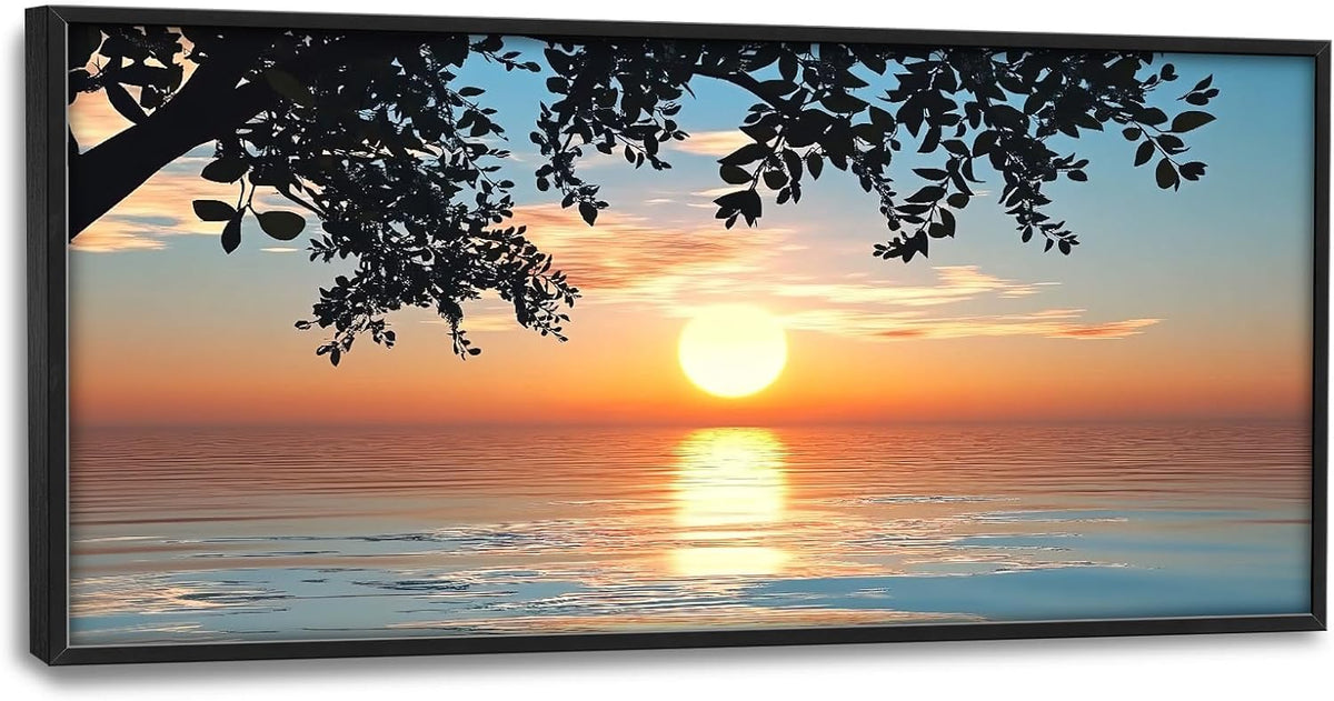 Framed Large Lake Sunset Wall Art, Oversized Natural Landscape Wall Decor for Living Room, Tree