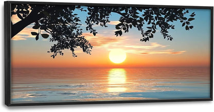 Framed Large Lake Sunset Wall Art, Oversized Natural Landscape Wall Decor for Living Room, Tree