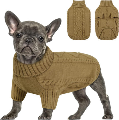 Queenmore Small Dog Pullover Sweater, Cold Weather Cable Knitwear, Classic Turtleneck Thick Warm