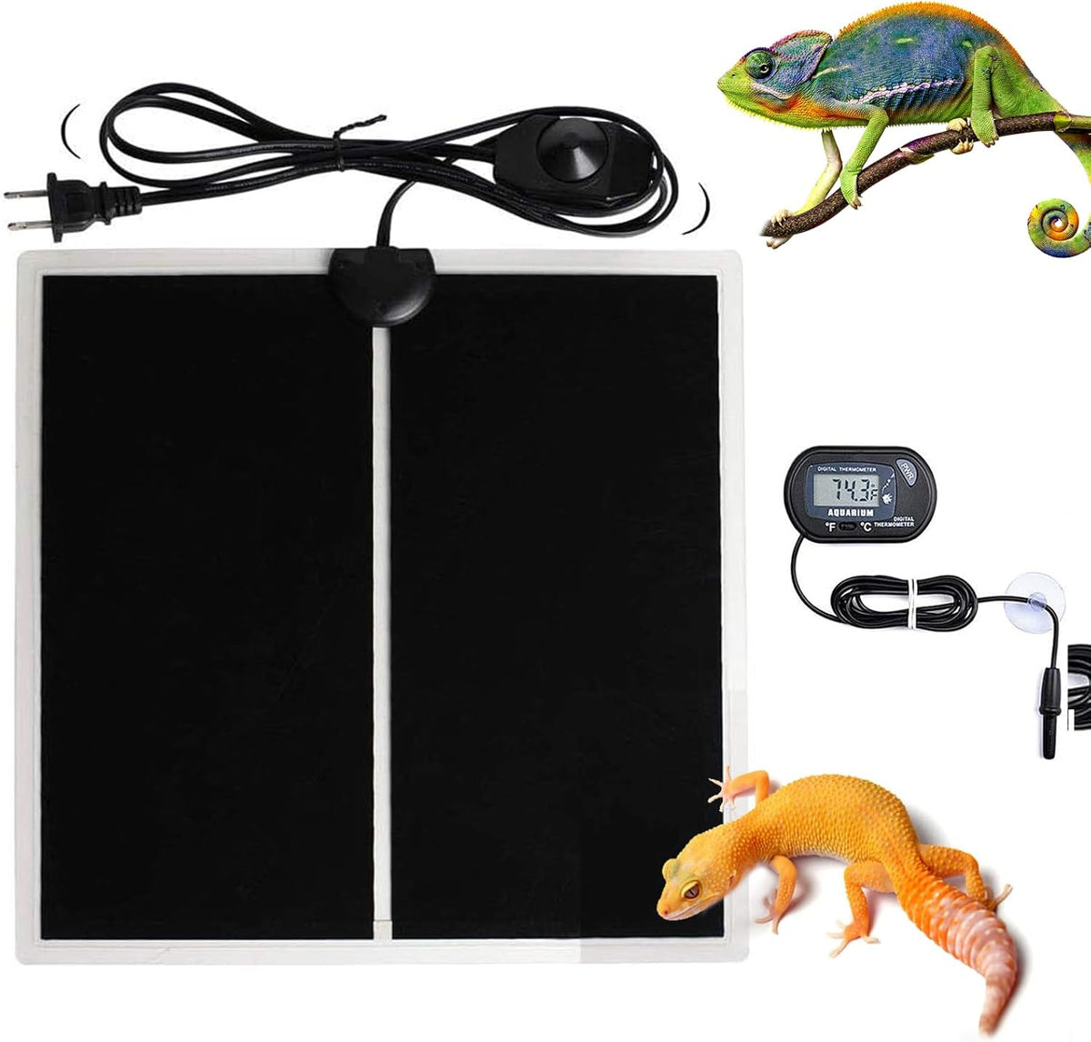 MQ Reptile Terrarium Heat Pad with LCD Digital Aquarium Thermometer, 5.5 x 6in Power Adjustment