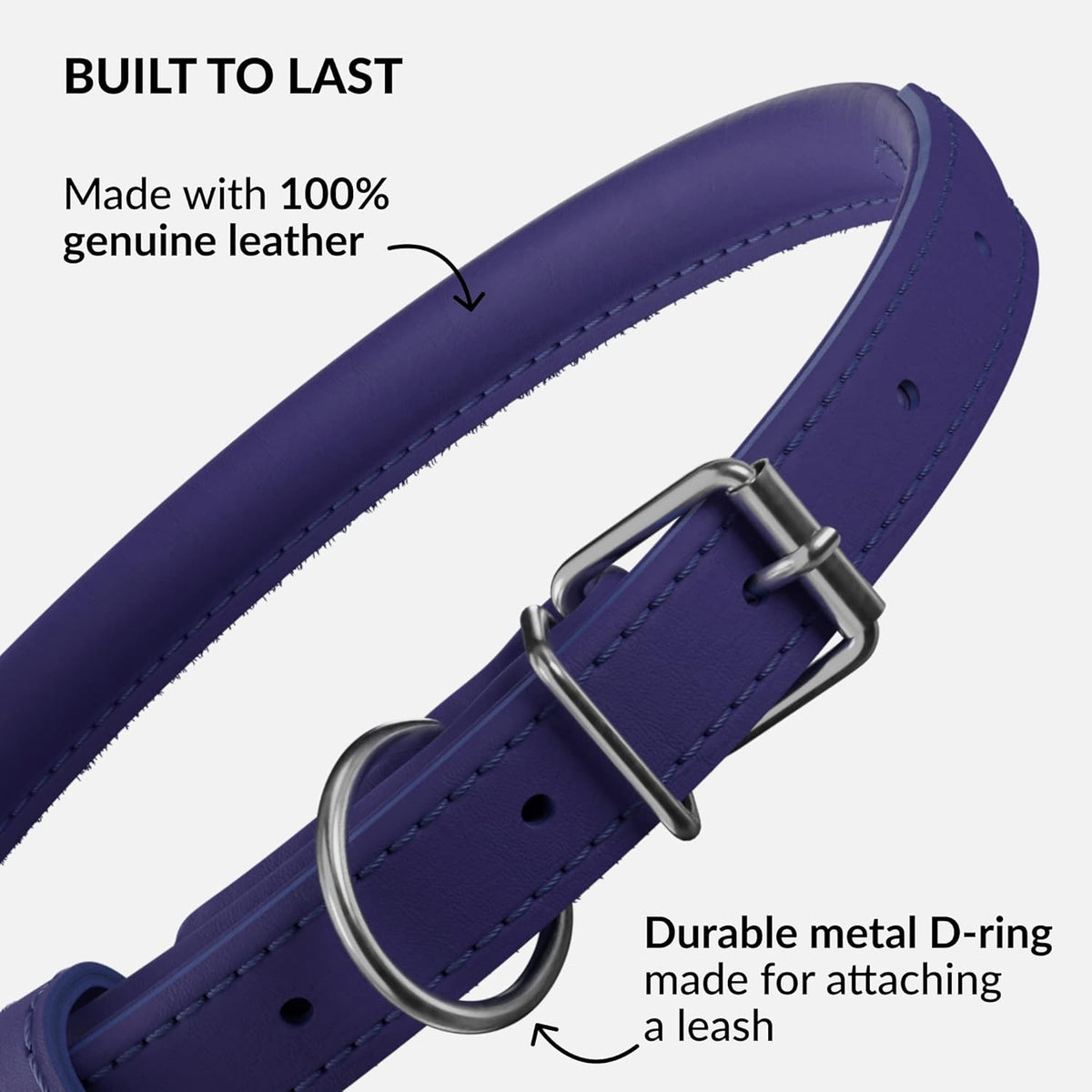 CollarDirect Rolled Leather Dog Collar, Soft Padded Round Puppy Collar, Handmade Genuine Leather