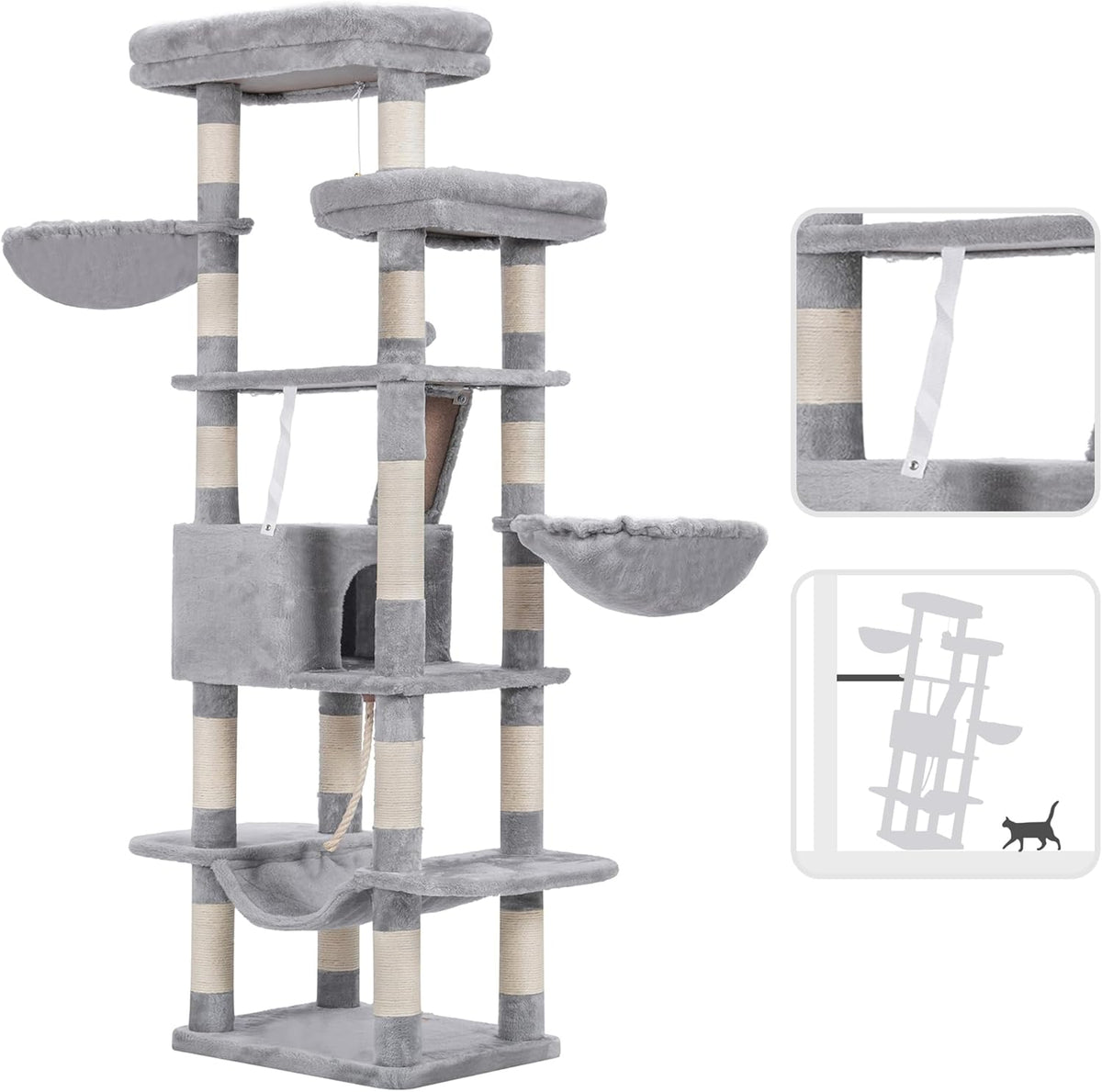 Heybly Cat Tree, 68 inch Multi-Level Cat Tower for Indoor Cats, 2 Widened Plush Perches Cat Condo