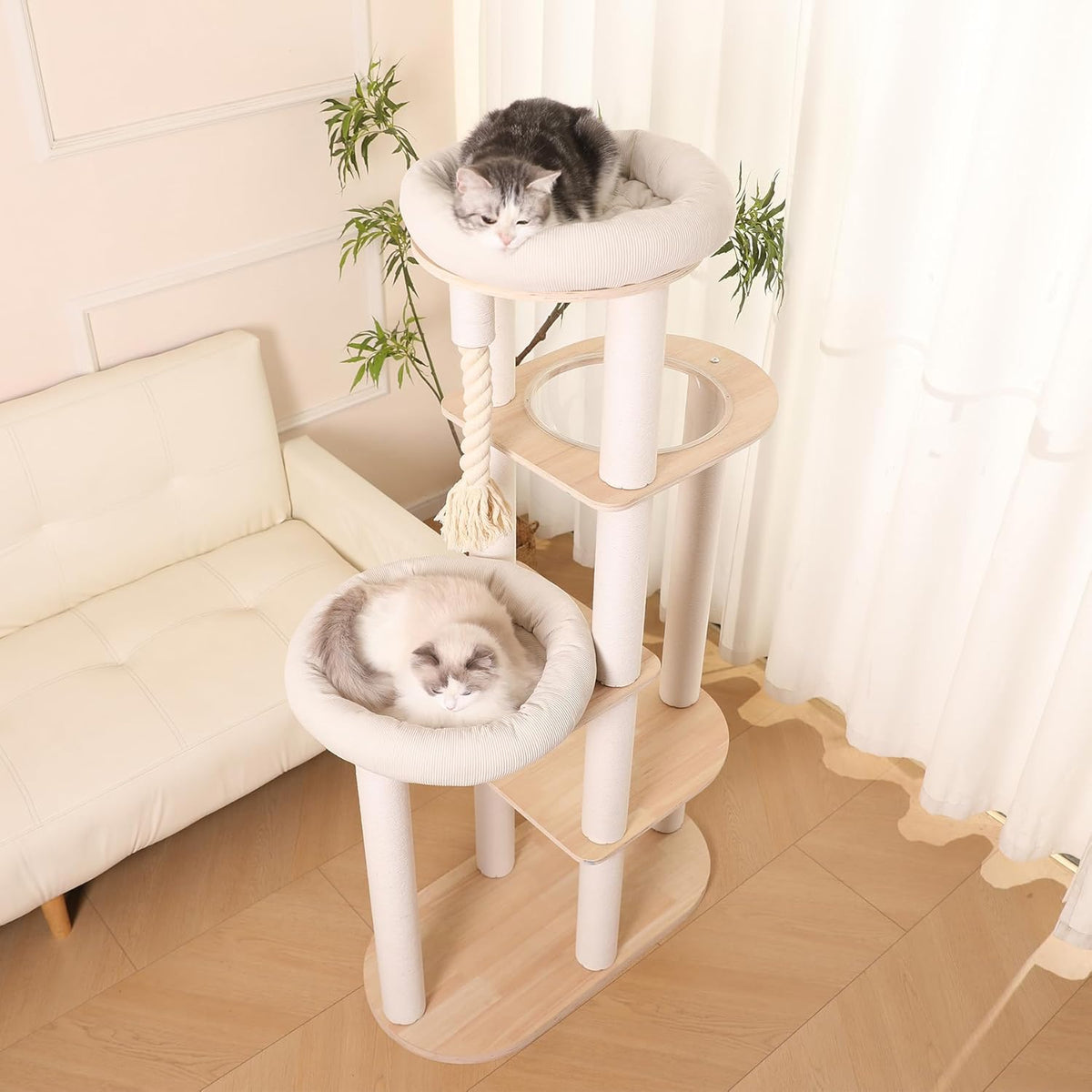 59" Modern Cat Tree Multi-Level Large Cat Tower Heavy Duty Cat Tree with Hammock,Cotton Scratching