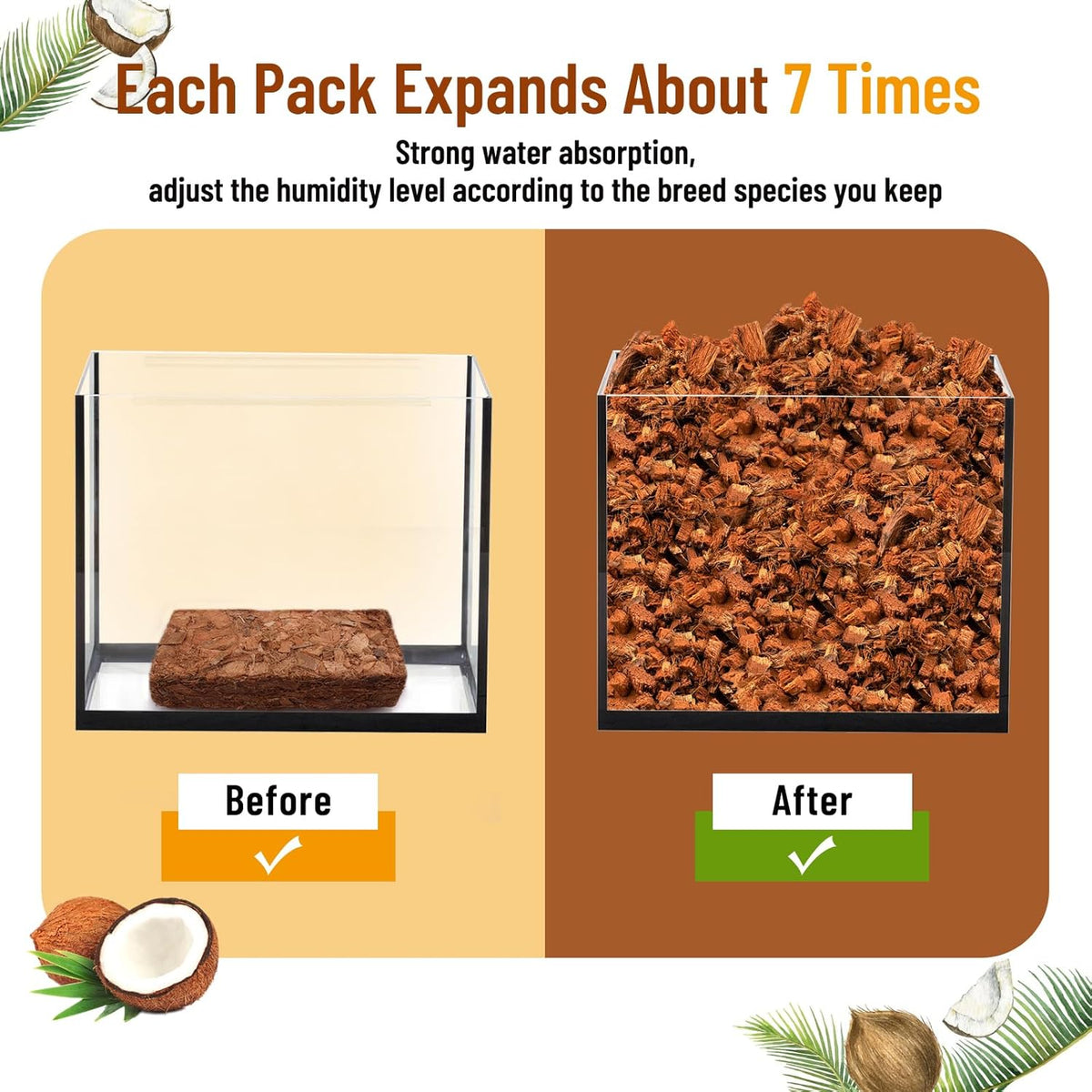 Riare 6 Pack Natural Coconut Chip Substrate for Reptiles- Compressed Coconut Husk Reptiles Bedding