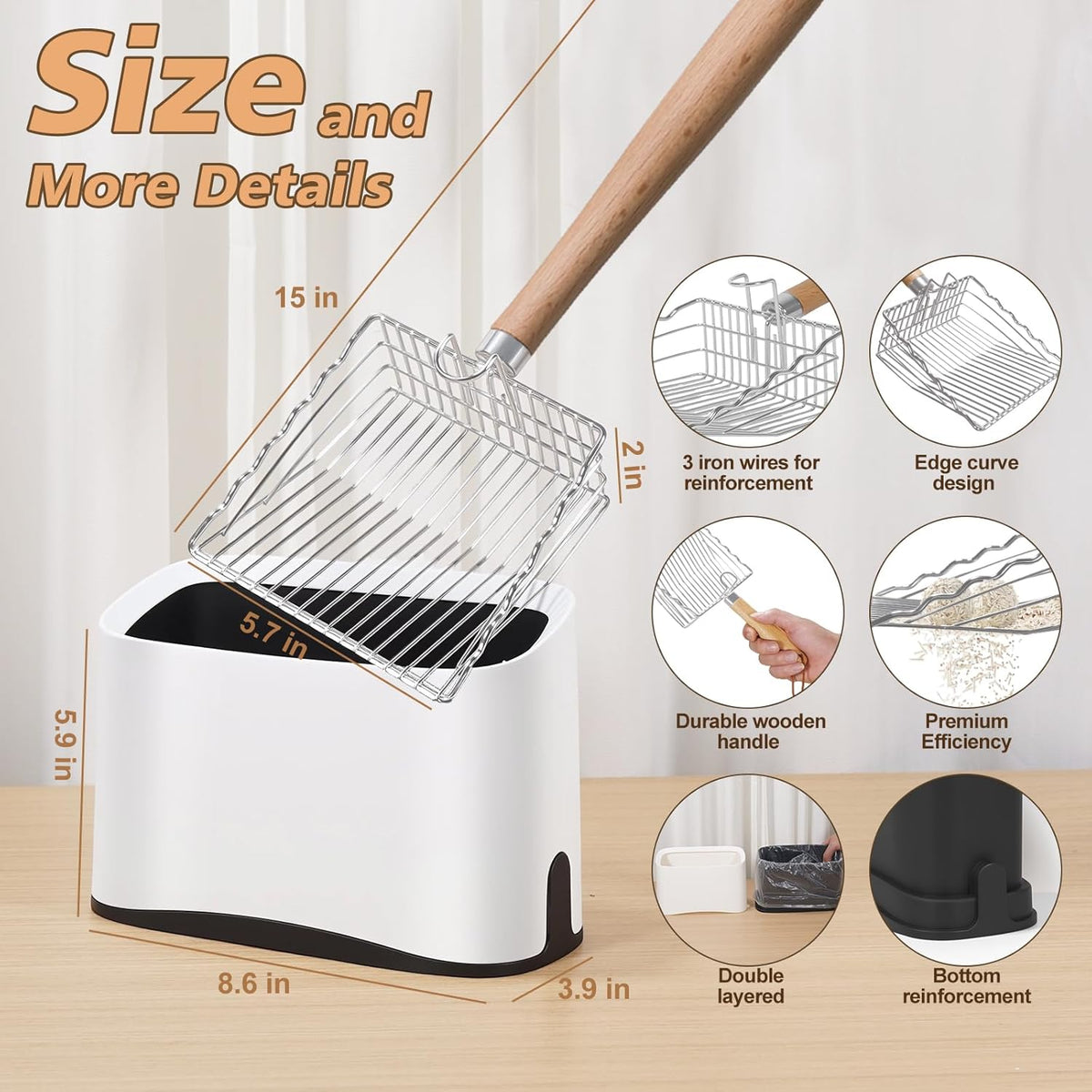 Metal Cat Litter Scoop with Holder, Poop Scooper with Stand and 2 Rolls of Garbage Bags, Heavy Duty