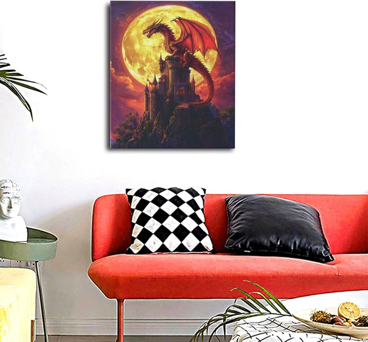 Dragon Bathroom Pictures Wall Art, Red Dragon Castle Bathroom Wall Decor, Framed Painting Canvas