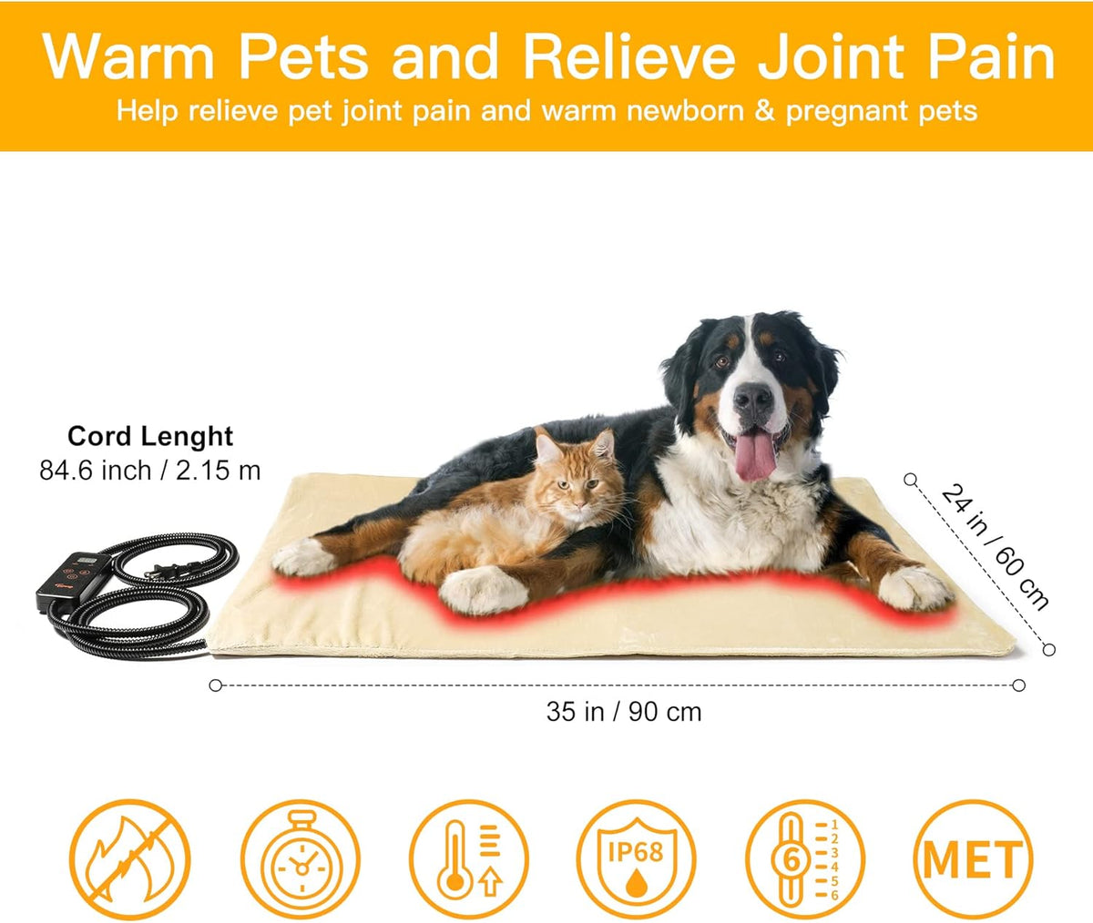 Toozey Large Pet Heating Pad, 6 Adjustable Temperature Heated Dog Bed with Timer, Waterproof