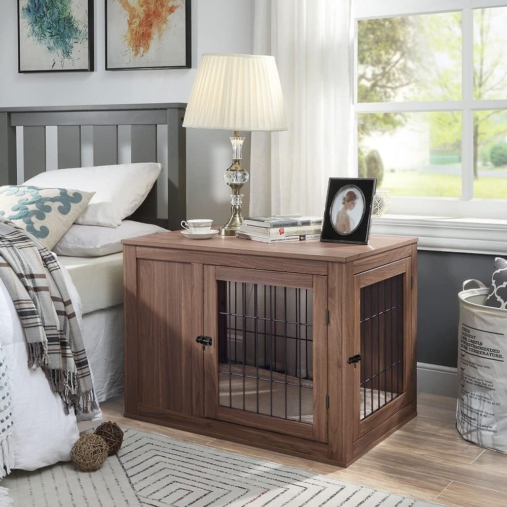 unipaws 36 Inch Furniture Style Dog Crate End Table with Cushion, Wooden Wire Pet Kennels with