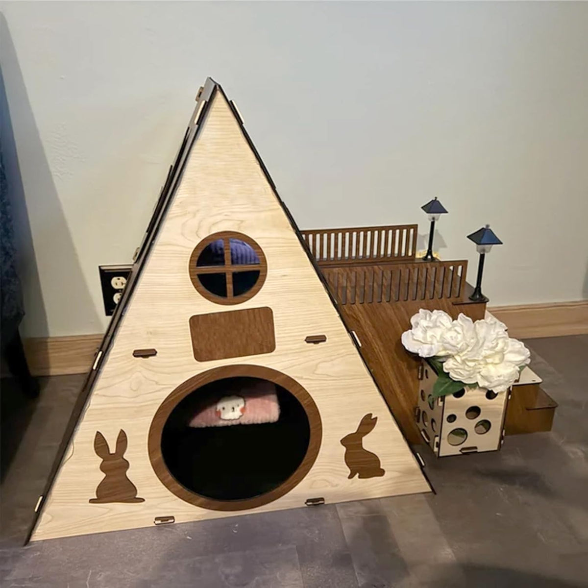 Large Modern Wooden Rabbit Castle House Hutch - Bunny Hideout Indoor Habitats - Pet 2-Story Home