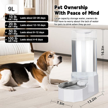 Sfozstra Large Dog Water Dispenser: 9L Automatic White Water Feeder with Stainless Steel Bowl