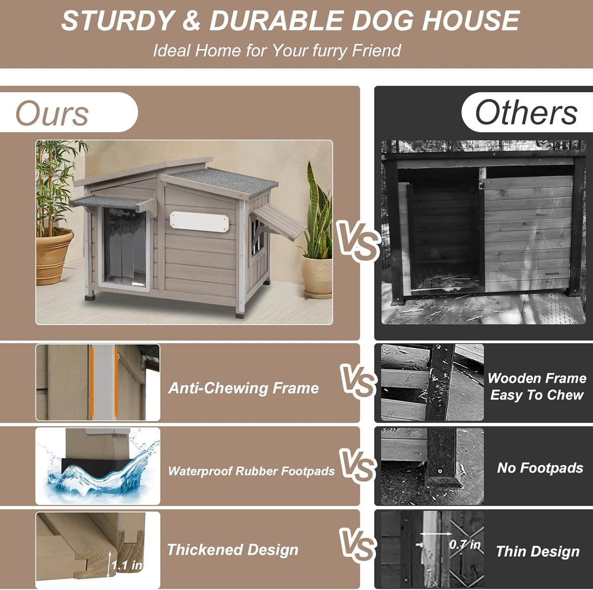 43" L Outdoor Extra Large Dog House with Removable Floor, Raised Feet, Anti-Chewing Iron Frame