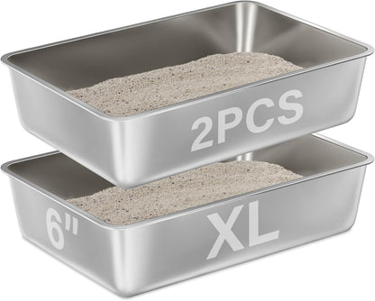 Stainless Steel Cat Litter Box 2 Pack,XL Metal Litter Box for Big Cats, Cat LitterBox Metal Pet