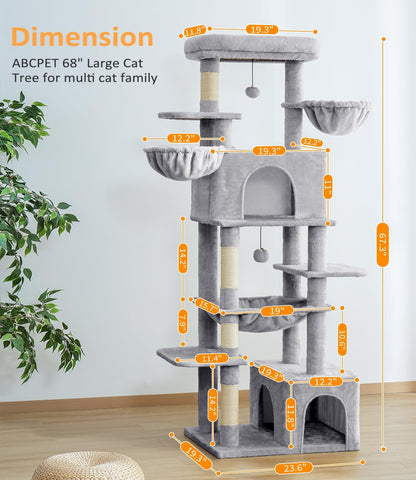 Cat Tree Large Cat Tower Tree 68" Multi-Level Cat Tower for Indoor Cats with Sisal Scratching