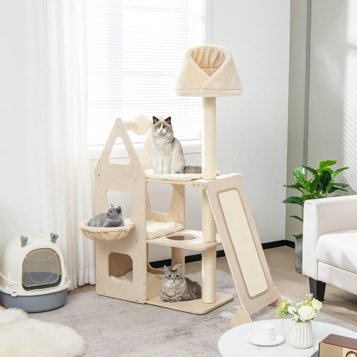 Tangkula Modern Wood Cat Tree for Indoor Cats, 64 Inch Multi-Level Tall Cat Tree with Scratching