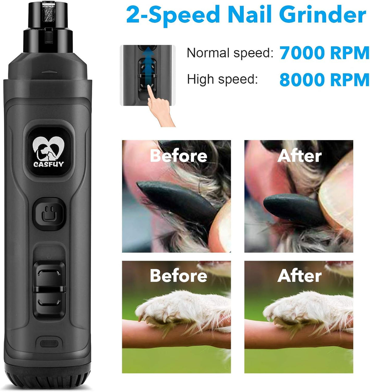 Casfuy Dog Nail Grinder with 2 LED Light - New Version 2-Speed Powerful Electric Pet Nail Trimmer