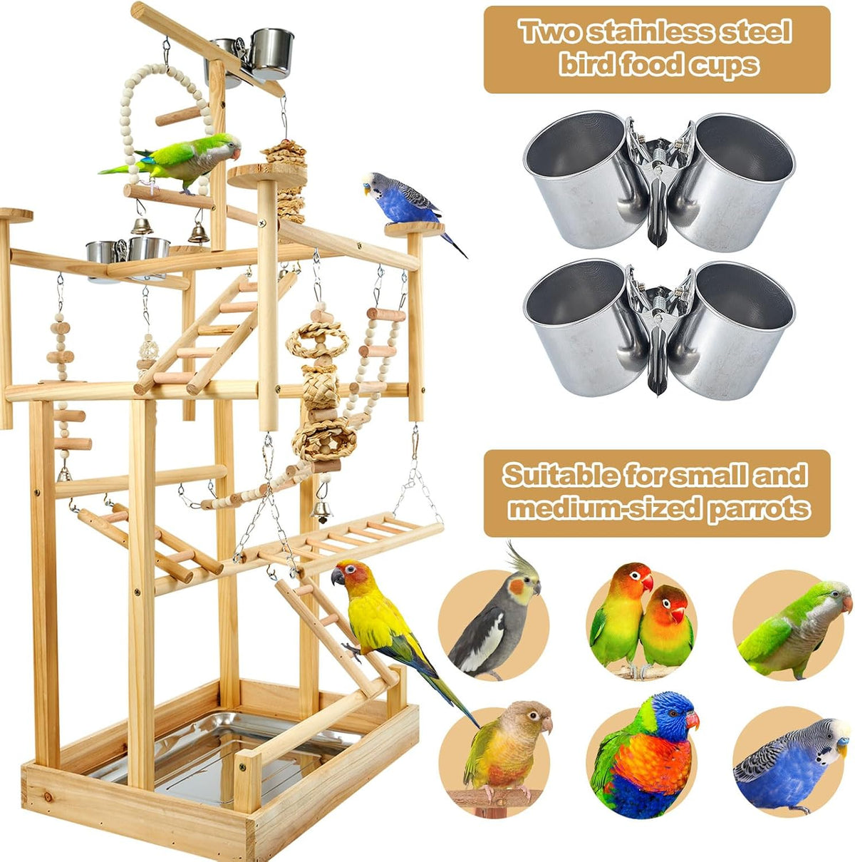 Bird Playground - Natural Wood Parrot Playstand with Perches, Bird Play Gym & Accessories