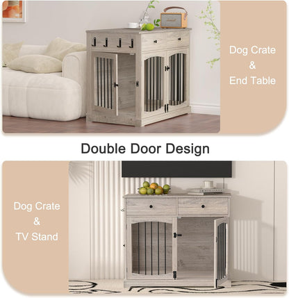 BREEZEHEAT 40 inch Dog Crate Furniture-Farmhouse Dog Kennel with Drawers-End Table Wooden Pet