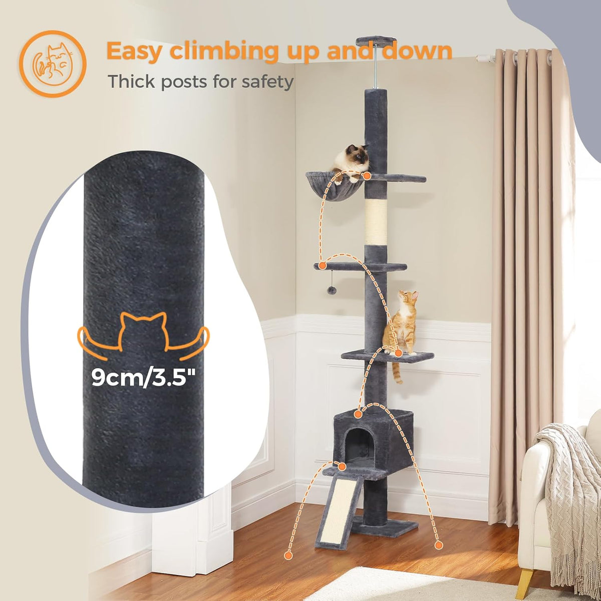 PEQULTI Floor to Ceiling Cat Tree, Tall Cat Tower, Adjustable Height (83''-108'') 5 Levels Climbing