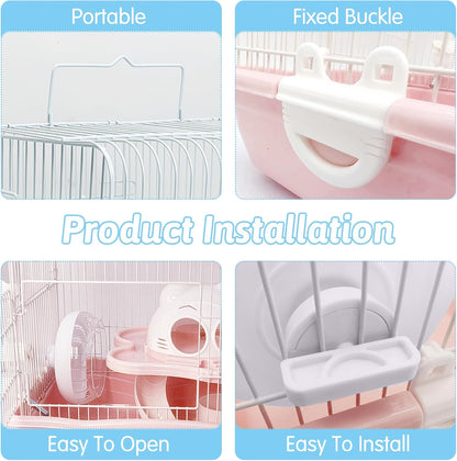 PINVNBY Dwarf Hamster Cage, Small Animal Cages, 2-Tier Travel Portable Mouse Cage Hamster Carrier