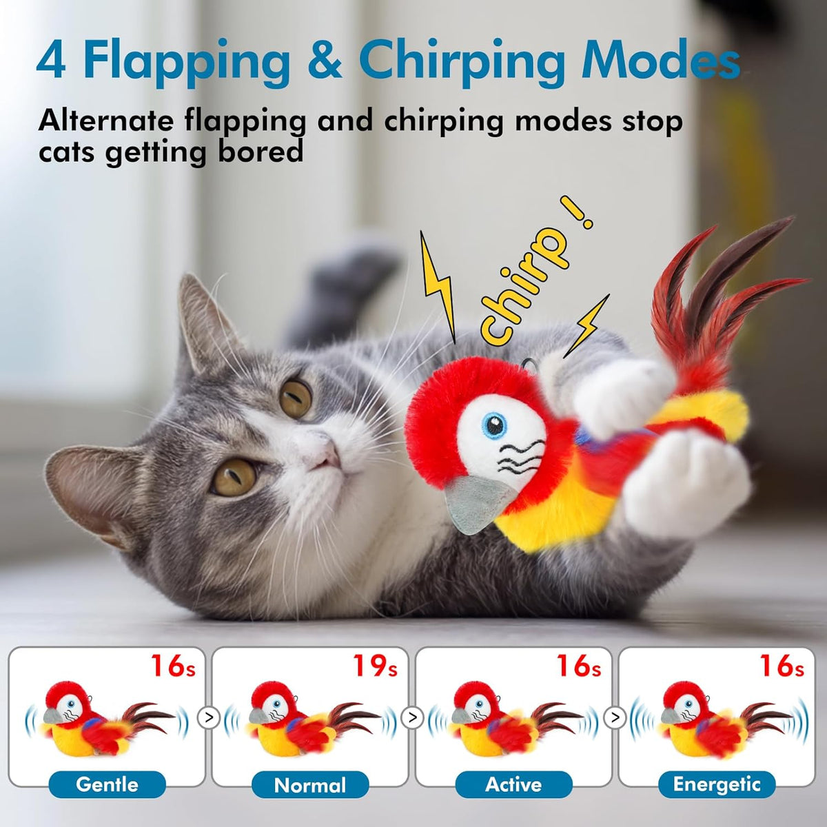 Vannon Cat Toys Flapping Bird(Cannot Fly), Rechargeable Touch Activated Kitten Toy Interactive Cat